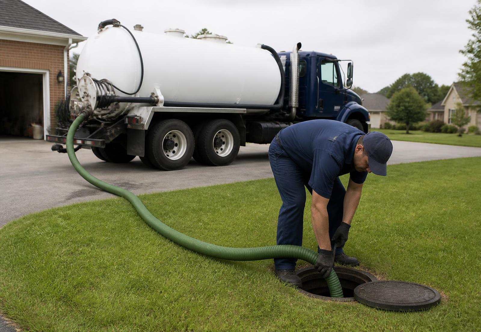 Septic pumping truck parked at a suburban home while a technician services the septic tank access lid