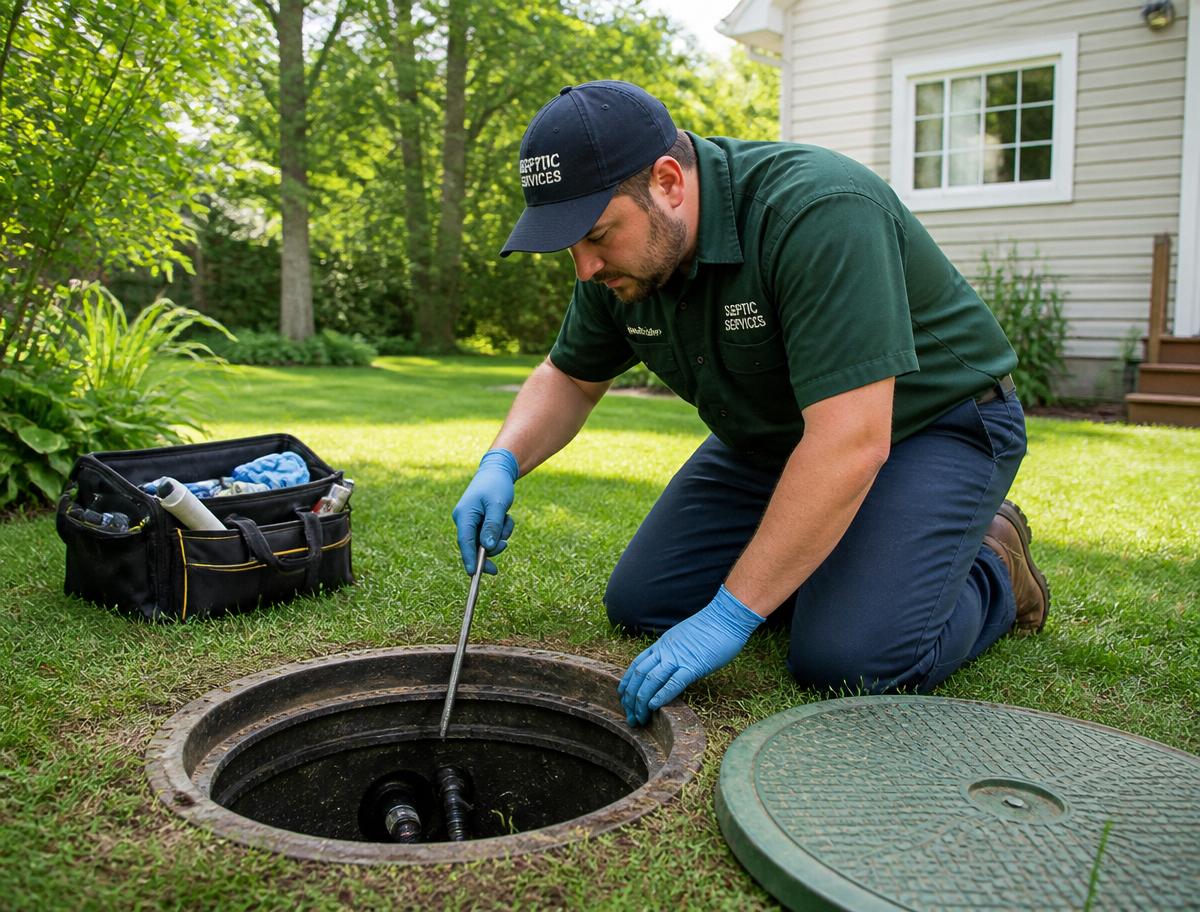 Septic technician inspecting an open septic tank access lid in a backyard